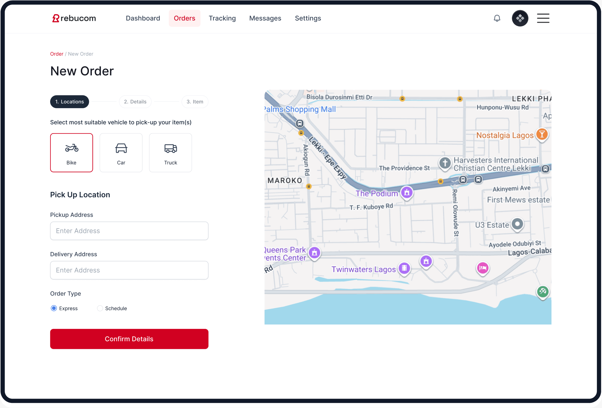 Rebucom order creation dashboard with vehicle selection, pickup and delivery addresses, and a delivery map