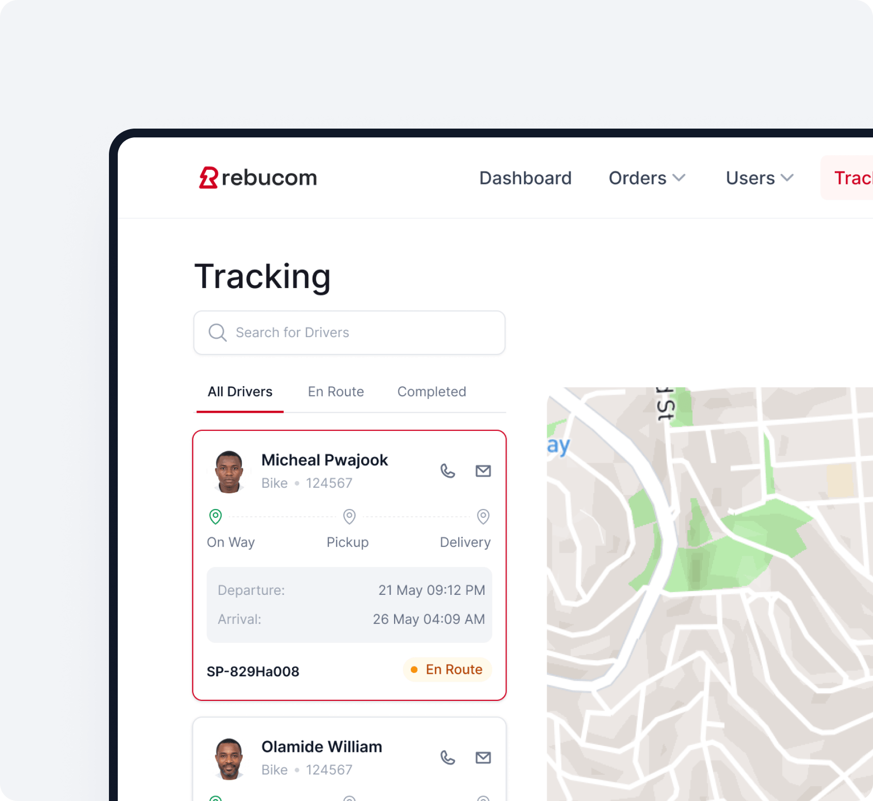 Shipment tracking with driver details, delivery progress, and a live map