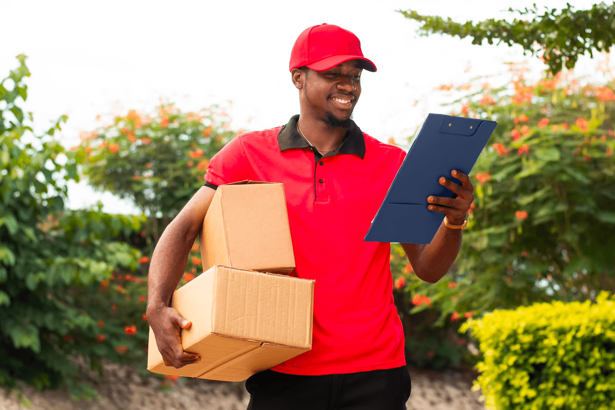 Rebucom courier carrying a parcel