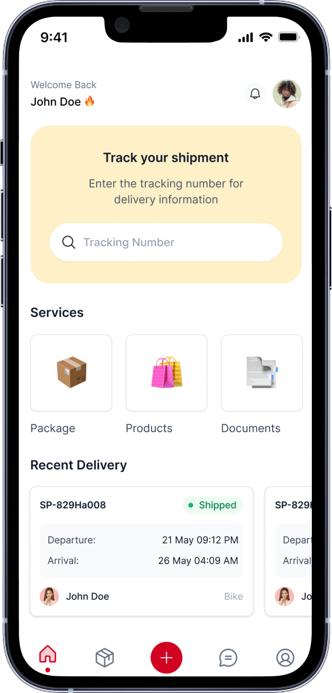 Rebucom mobile app showing shipment tracking and delivery services