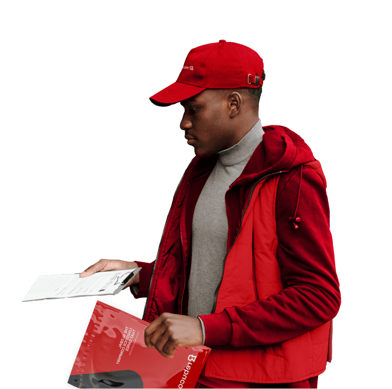 Rebucom courier holding a delivery package and clipboard