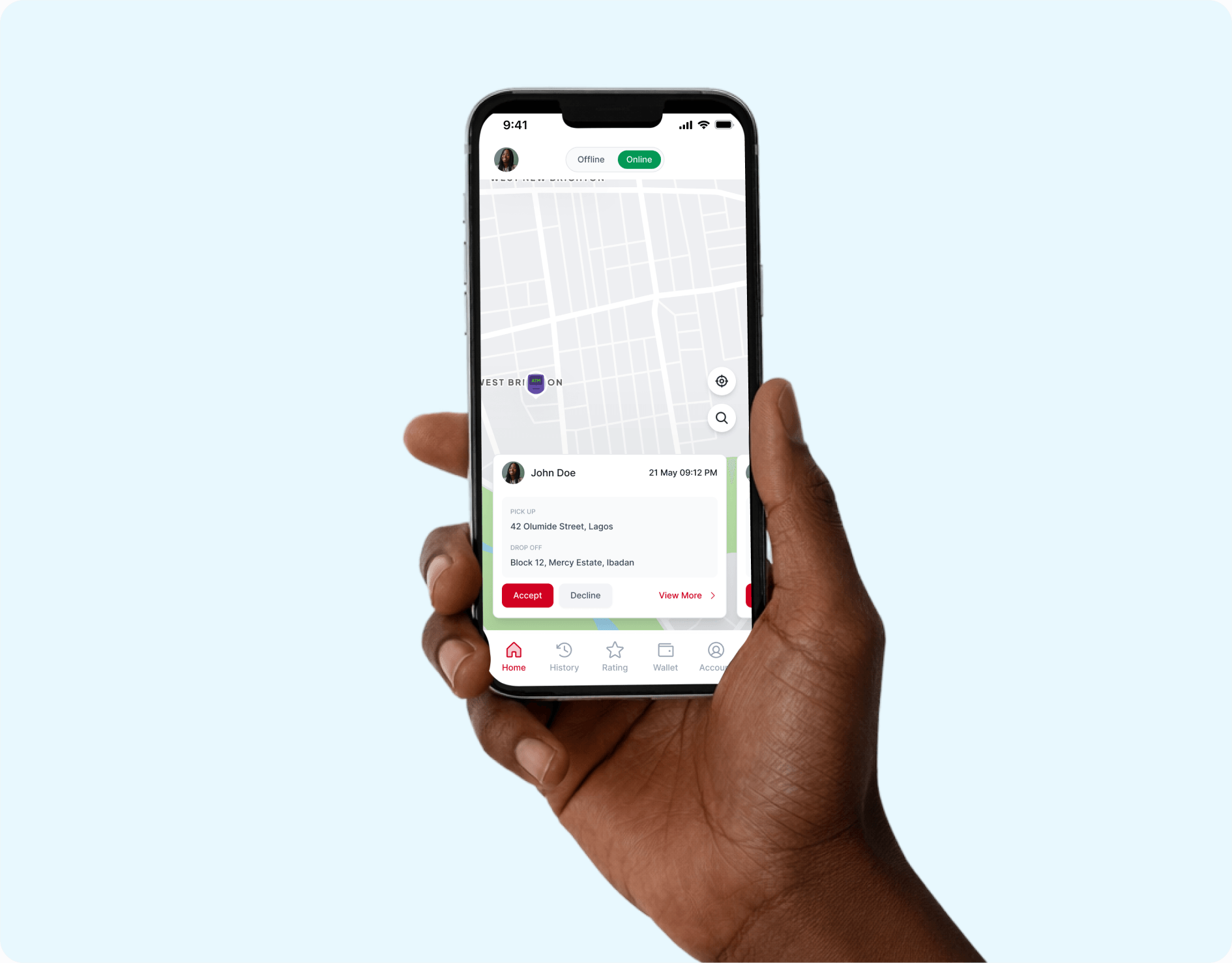 Rebucom driver app showing nearby delivery requests
