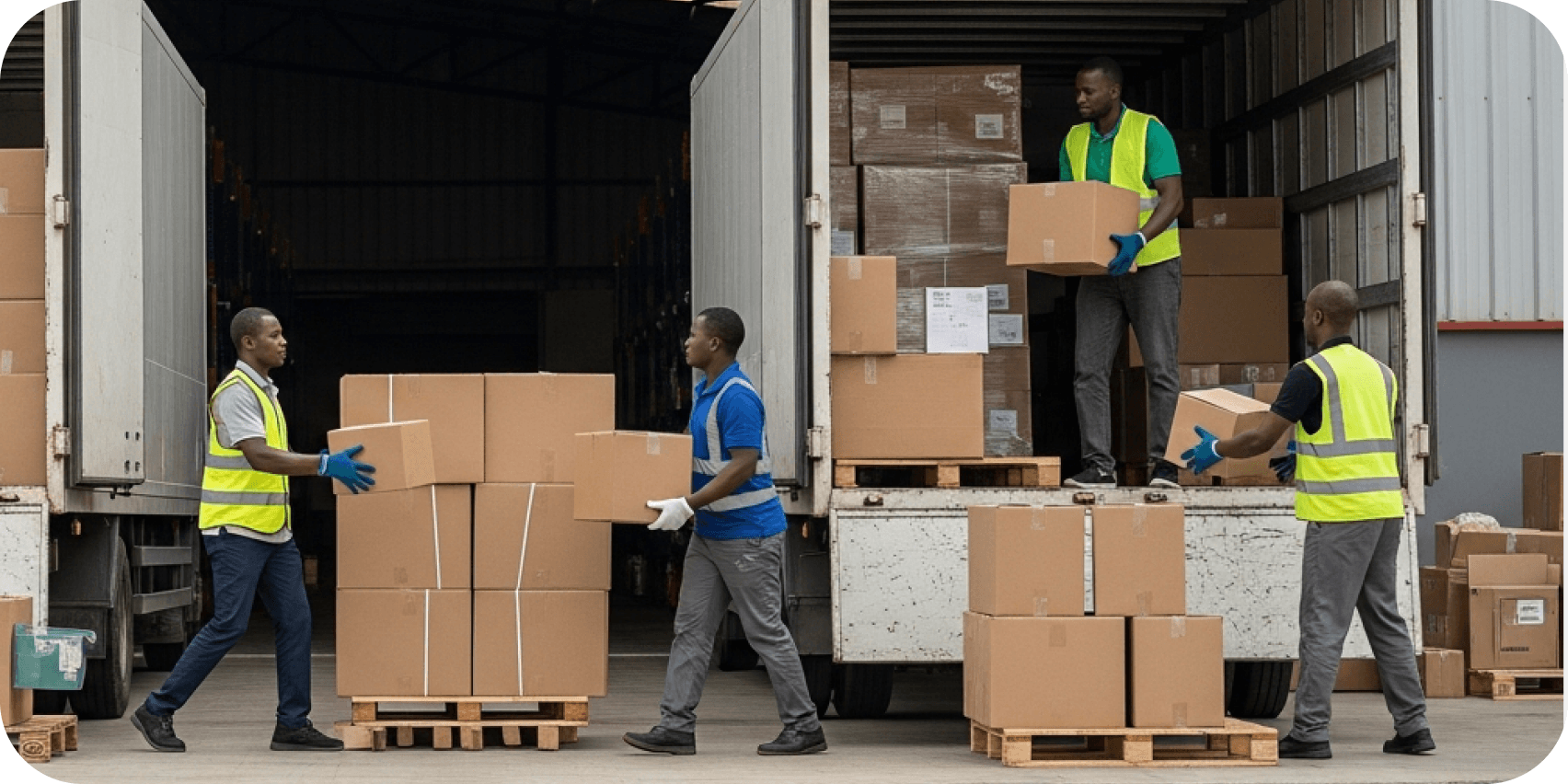 Warehouse team loading delivery trucks