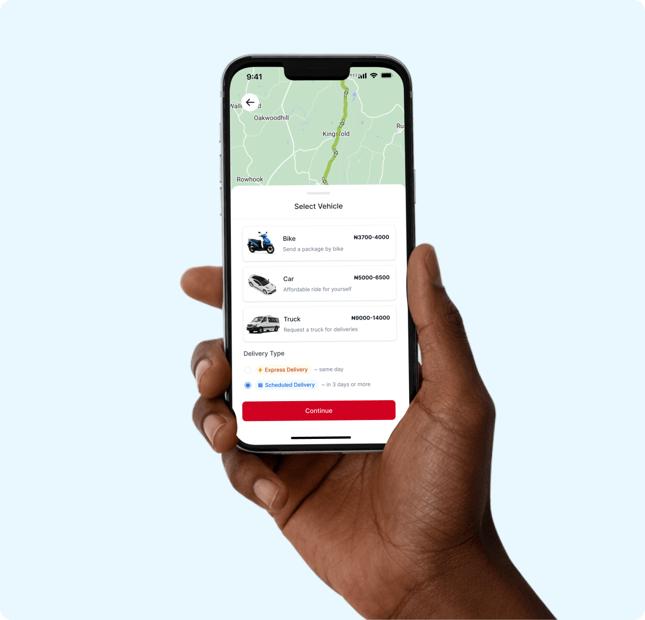 A hand holding the Rebucom app, showing vehicle selection and delivery scheduling